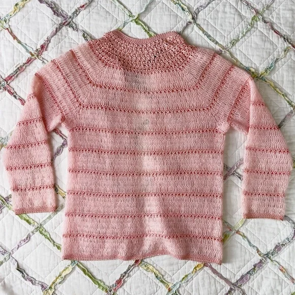 60s Baby Pink Long Sleeve Crochet Cardigan Sweater - Picture 5 of 8